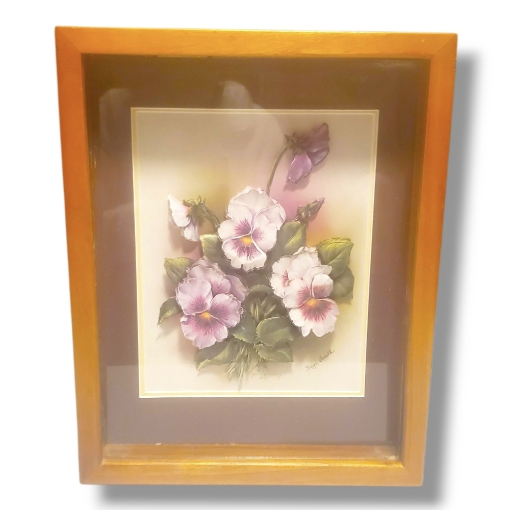 Crystal Skelley Signed Art Picture Pansy 3D Shadow Box Wooden Frame 16” x 17.5”